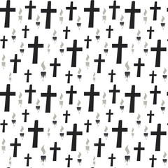 Crosses and candles Colorless seamless pattern Different size cross, candle Vector illustration