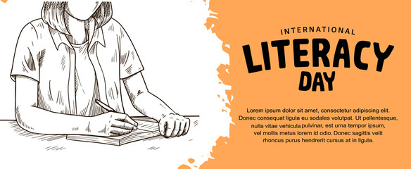 international literacy day with woman writing and reading on orange background for poster, banner, and greeting card