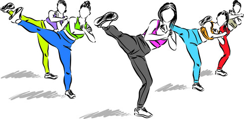 group of fitness women kicking exercises vector illustration
