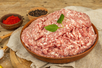 Raw minced meat. Ground pork with spices