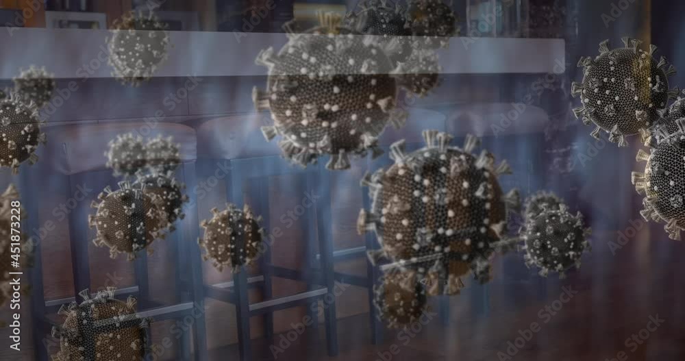 Poster animation of covid 19 cells floating over empty bar