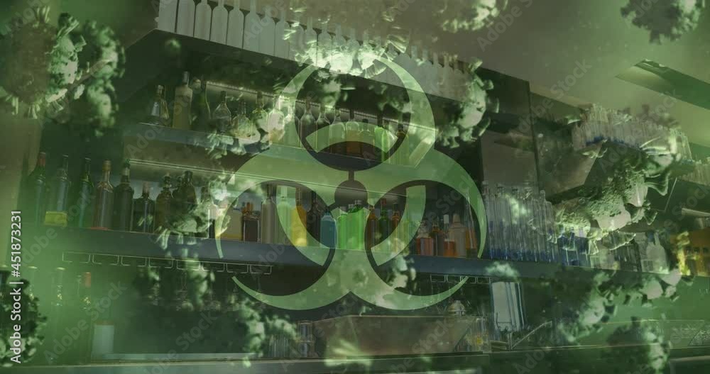 Aufkleber animation of covid 19 cells floating over biohazard symbol and empty bar