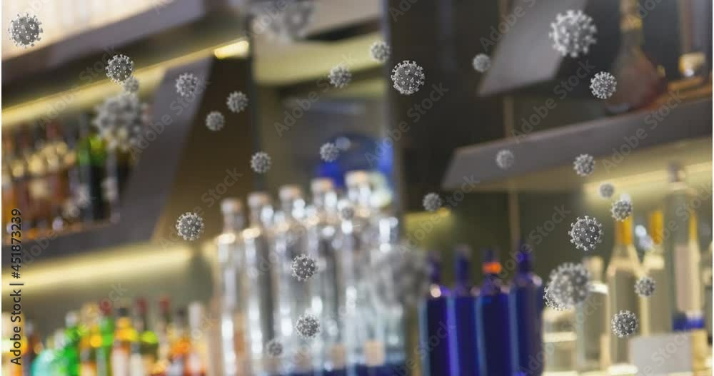Poster animation of covid 19 cells floating over empty bar