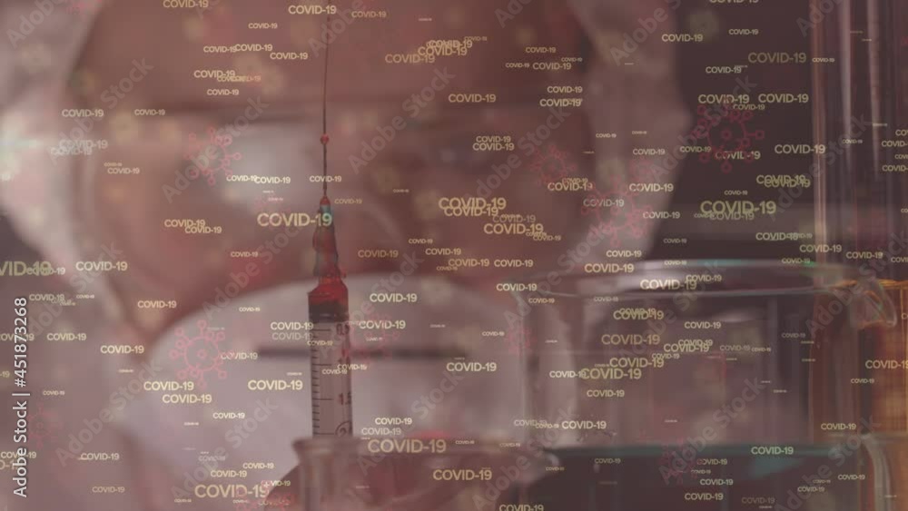 Poster animation of covid 19 text over scientist in face masks