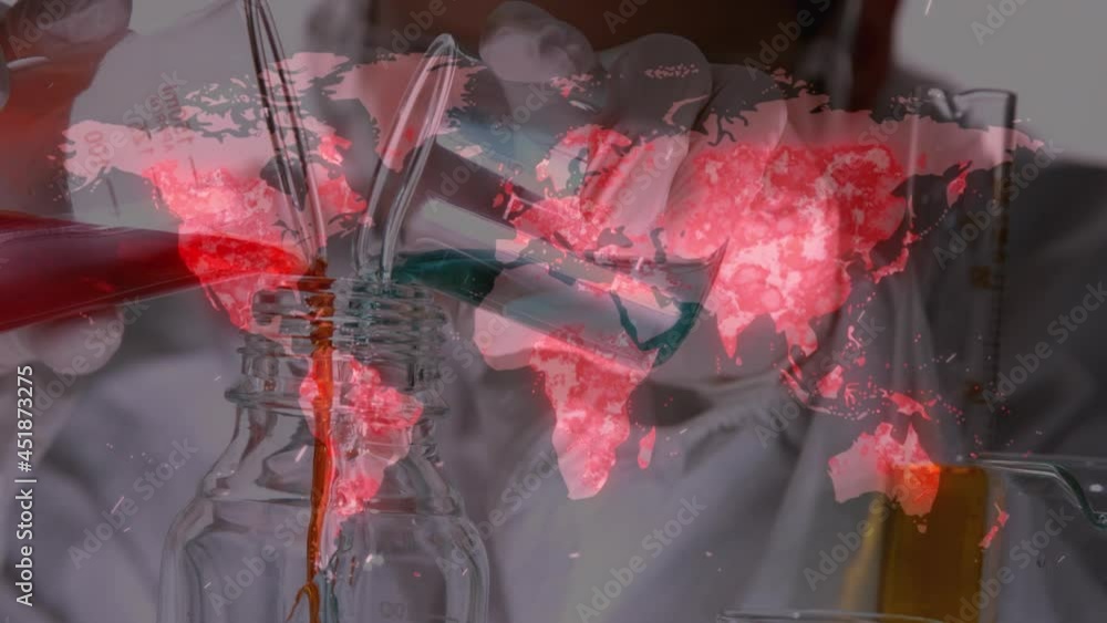 Poster animation of world map over scientist in face masks