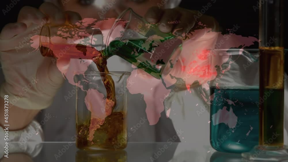 Poster animation of world map over scientist in face masks