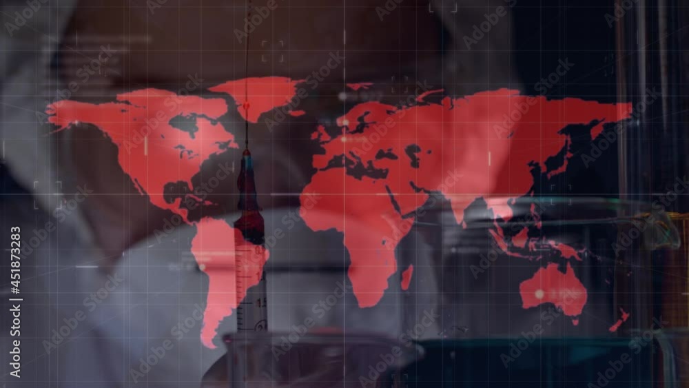 Aufkleber animation of world map over scientist in face masks