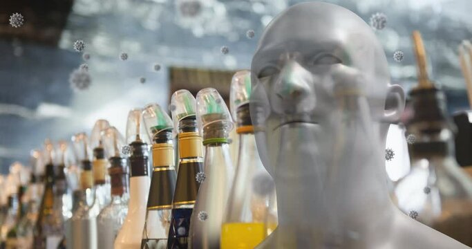 Animation of covid 19 cells floating over human head and bottles in bar