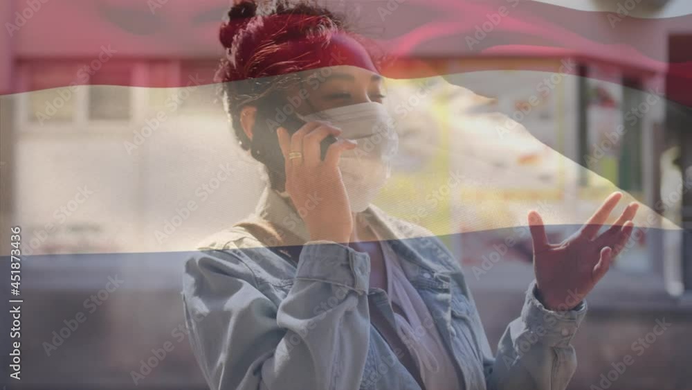 Sticker Animation of flag of netherlands waving over woman in face masks