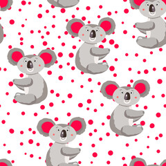 Seamless pattern with cute koala baby and hearts on white polka dots background. Funny australian animals. Card, postcards for kids. Flat vector illustration for fabric, textile, wallpaper, paper