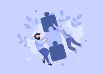 People fly around jigsaw puzzle. Cooperation, Teamwork and partnership concept. Landing page website template.