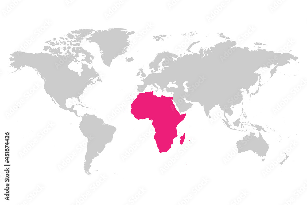 Canvas Prints africa continent pink marked in grey silhouette of world map. simple flat vector illustration.