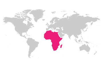 Obraz na płótnie Canvas Africa continent pink marked in grey silhouette of World map. Simple flat vector illustration.