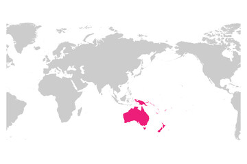 Fototapeta na wymiar Austtralia and Oceania continent pink marked in grey silhouette of World map. Simple flat vector illustration.