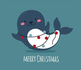 Cute cartoon seal with garland. Merry christmas, childrens vector illustration. Lettering.