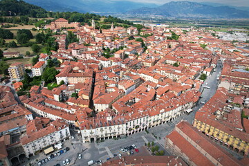 Obraz premium Aerial view of the town of Saluzzo, one of the best preserved medieval villages in Piedmont, Italy