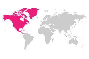 North America continent pink marked in grey silhouette of World map. Simple flat vector illustration.