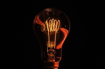 Classic vintage carbon filament edison lightbulb with accented colour across the glass. Concept or...