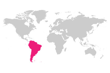 Obraz na płótnie Canvas South America continent pink marked in grey silhouette of World map. Simple flat vector illustration.