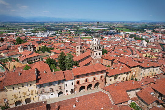 Aerial view of the town of Saluzzo, one of the best preserved medieval villages in Piedmont, Italy