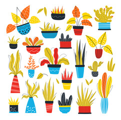 Hand drawn house plants set. Flat style vector illustration isolated on white background. Indoor houseplants in pots. Potted doodle  plants collection. 