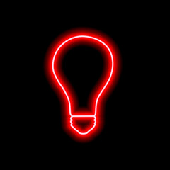 Simple neon red light bulb outline on black background. Illustration