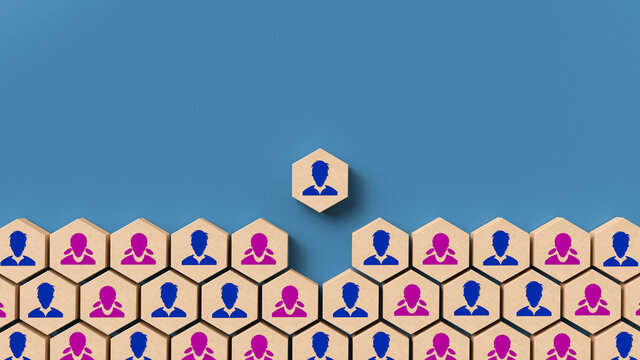 hexagon tile with a person symbol on it is moving up out of many hexagons with people symbols on it on blue background