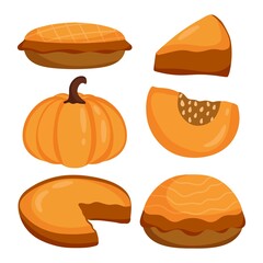 Pumpkin pie set. Vector illustration for Thanksgiving and Holiday. Isolated, cartoon style
