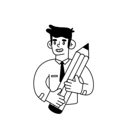 Business character. Man in shirt and tie with large pencil. Making edits. Creative profession of artist. Outline cartoon