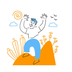 Man jump and have fun. Dance and movement. Enjoying life on abstract summer nature background. Outline character with geometric shapes. Modern trendy illustration