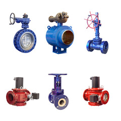 six valves of various designs with automatic and manual control for a gas pipeline on a white background - 451877670