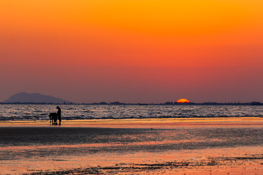 Silhouette of kids playing at beach with sunset background. Yemen nature. Yemen landscape.