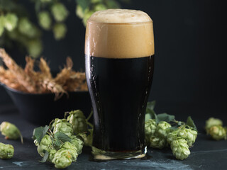 glass of dark beer, craft stout or porter with green hop cones
