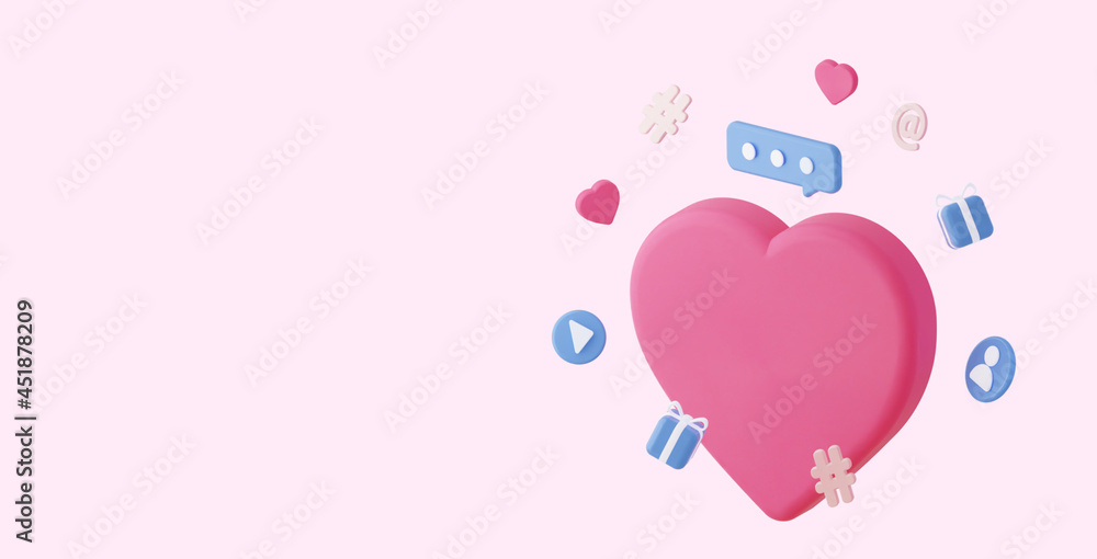 Poster the hashtag symbol with heart. the concept of promotion in social networks. 3d rendering. horizontal