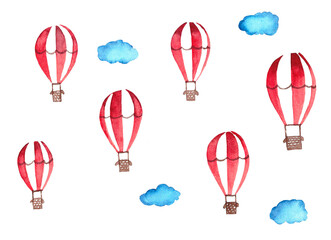 Watercolor childrens pattern of balloons and clouds.

