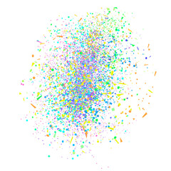 Explosion. Texture with colored glitters on white. Geometric background with confetti. Pattern for design. Print for banners, posters, flyers and textiles. Greeting cards