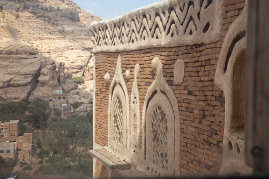 Dar al-Hajar in Wadi Dhahr, a royal palace on a rock. one of the most iconic Yemeni buildings. traditional Yemeni heritage architecture design details in historic Sanaa town and buildings in Yemen.