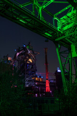 illuminated historic steelwork buildings at night