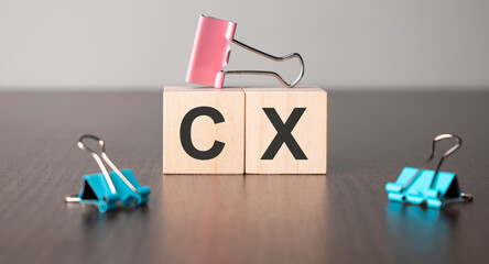 word cx with wood building blocks with paper clips