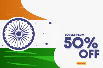 Vector illustration of 26th January Republic Day Offer Sale Background Template Design with 50% Discount. 15th August Happy Independence Day India 50% Offer Advertising Design Backgrounds.