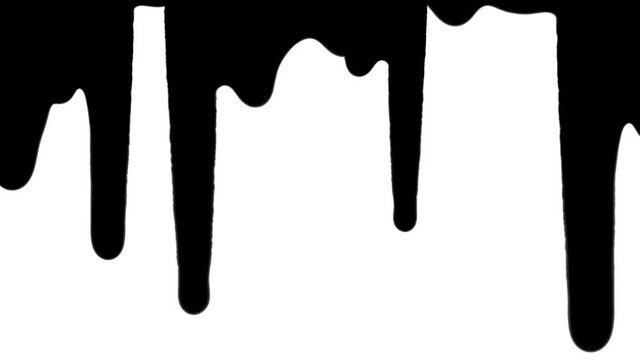 Black stain of paint with trickles flowing down, filling the entire screen space. Ink runs over paper in drips. Blot of black watercolors spreads. Close up. Slow motion ready 59.94fps.