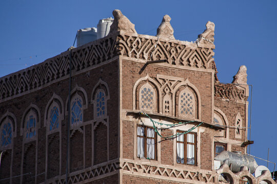 Traditional architecture in Sanaa, Yemen. Inhabited for more than 2.500 years at an altitude of 2.200 m, the Old City of Sanaa is a UNESCO World Heritage City.