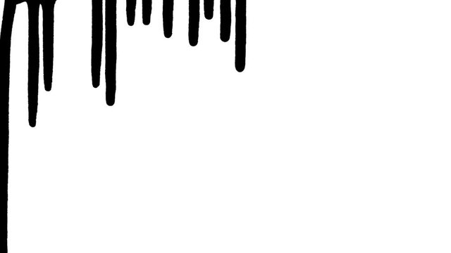 Thin trickles of spilled paint trickle down the white background. Isolated black ink drips onto white paper and forms flow and streams. Spilled paint close up. Slow motion ready 59.94fps.