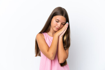 Fototapeta premium Little caucasian girl isolated on white background making sleep gesture in dorable expression