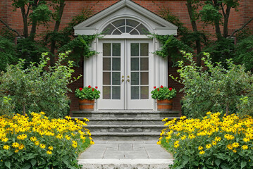 Front door of house surrounded by bright yellow daisies