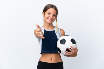 Little caucasian girl playing football isolated on white background shaking hands for closing a...