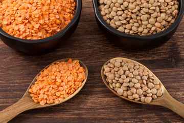 Very Healthy Food; Raw Lentils and Peeled Red Lentils