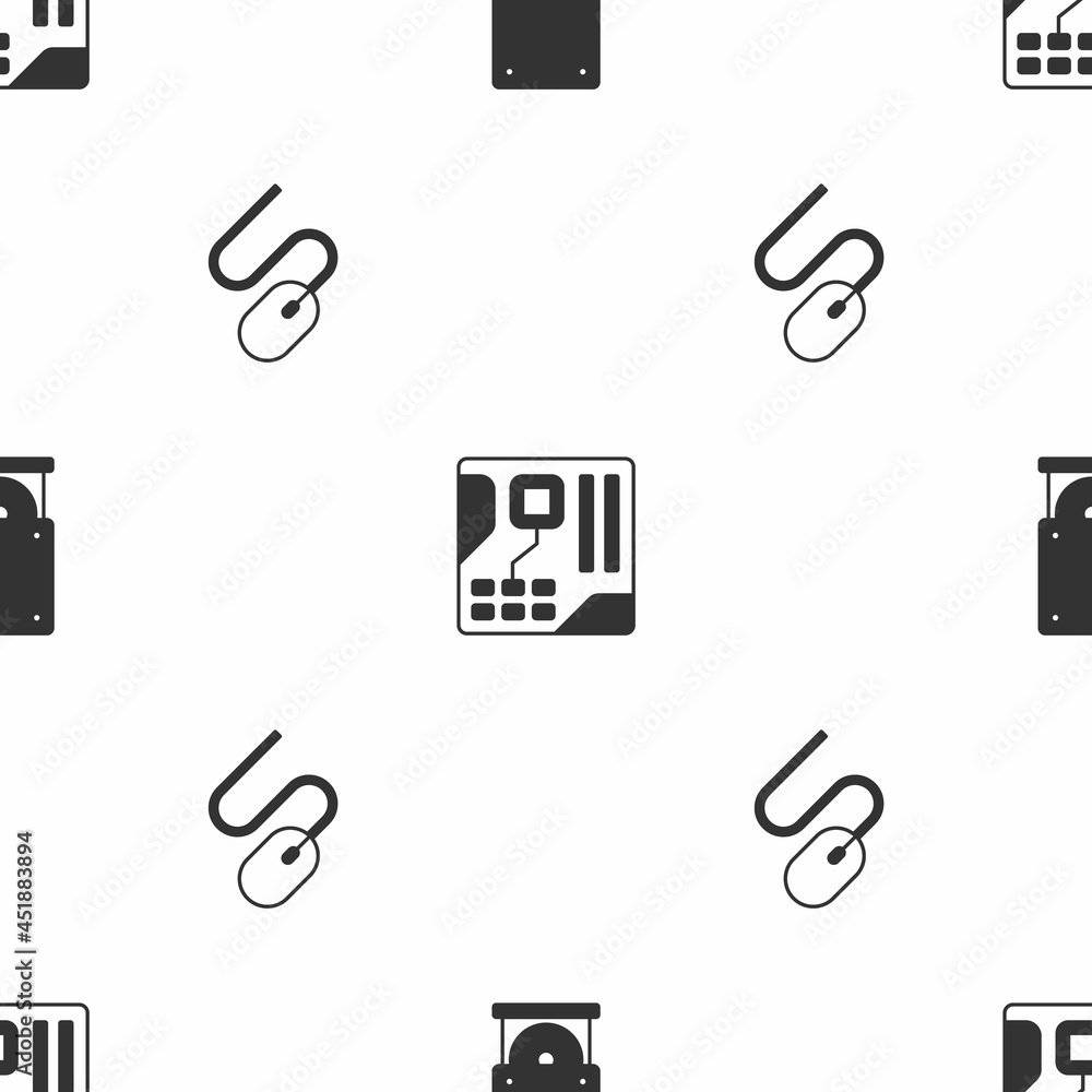 Aufkleber set optical disc drive, motherboard digital chip and computer mouse on seamless pattern. vector