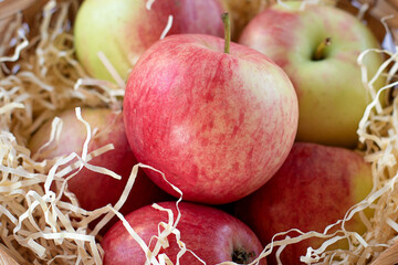 Ripe delicious red apples, top view. New summer harvest. The concept of healthy food