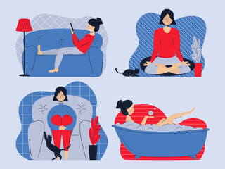 Stay at home concept. The girl on the couch looks at the phone, does yoga, takes a bath, relaxes on an armchair. Self-isolation, quarantine due to coronavirus. Set of vector illustrations of home acti
